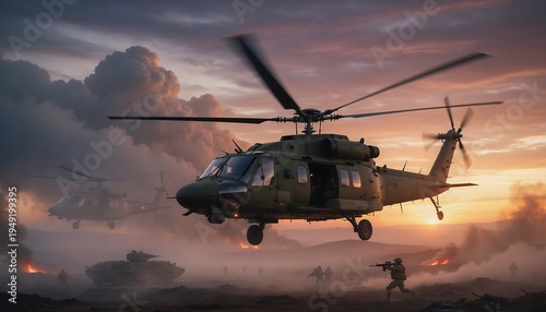 Military Helicopters Over Smoky Battlefield at Dramatic Sunset