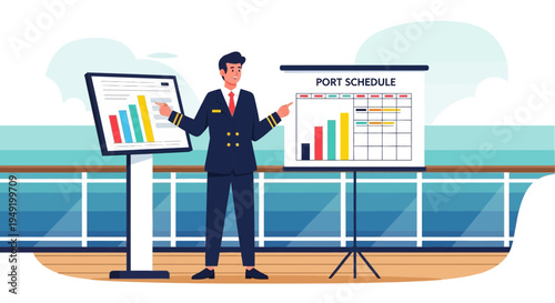 Captain presenting port schedule and business analytics.