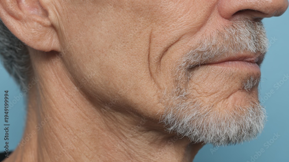 Fototapeta premium Senior man with prominent facial wrinkles and neck lines showcasing natural aging process, looking at skin care, dermatology, and anti aging cosmetic treatments