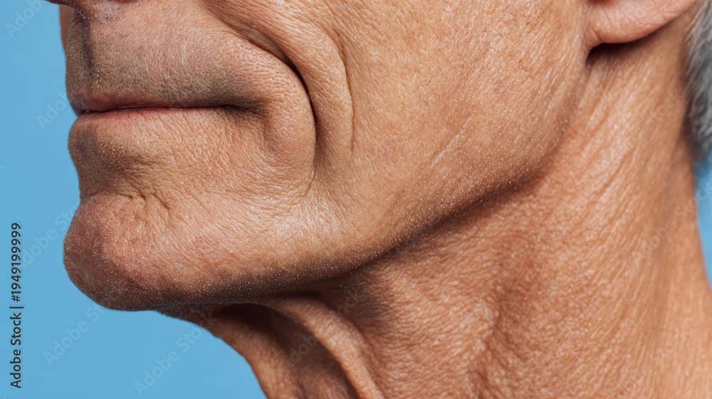 Fototapeta premium Male senior showing deep wrinkles and signs of aging on his neck, chin, and lower face, symbolizing the natural process of time passing and mature skin texture deterioration
