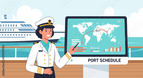 Female ship captain presenting port schedule on a digital screen.