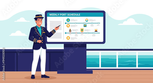 Man in Uniform Presents a Schedule on a Large Screen.