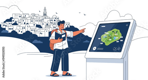 Man interacting with digital map kiosk in a town.