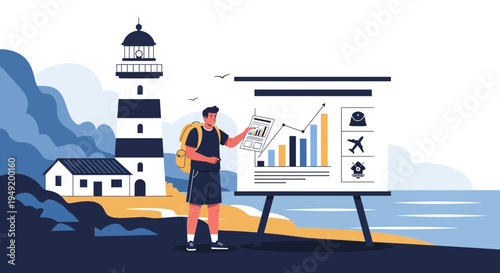 Man presenting business growth chart on whiteboard near lighthouse.