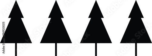 Minimalist black pine tree silhouettes aligned in a row on light background, simple forest icon illustration, winter nature symbol in modern flat design style