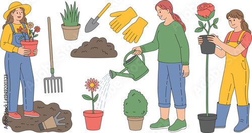 People gardening with plants, tools and watering can set, women caring for flowers and soil in garden, home gardening flat vector illustration collection