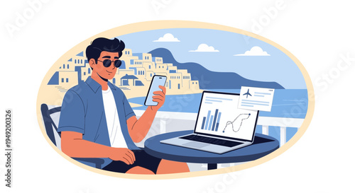 Man working remotely on laptop and phone at a cafe.