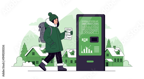 Person with backpack interacting with digital kiosk in winter setting.