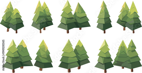 Set of low poly pine trees vector collection, stylized evergreen forest elements, geometric cartoon spruce and fir trees isolated for game design nature illustration