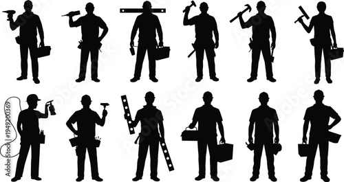 construction workers silhouettes set, handyman tools icons, builder carpenter plumber electrician technician collection, black silhouette laborers vector 