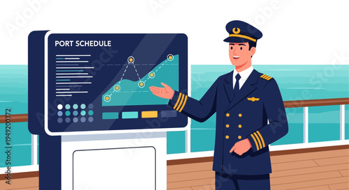 Ship Captain Explains Port Schedule on Digital Display.