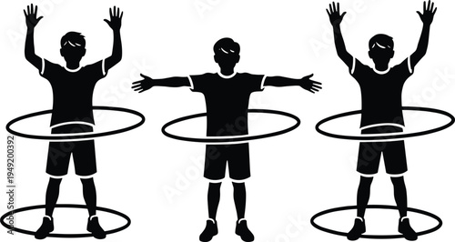 Silhouette illustration of children using hula hoops with different arm positions, representing exercise, fitness, play, physical education, and healthy lifestyle activities for kids.