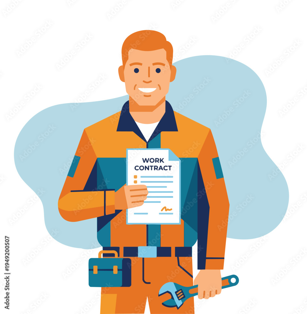 Obraz premium A blue-collar worker wears a work helmet and holds a contract stock illustration