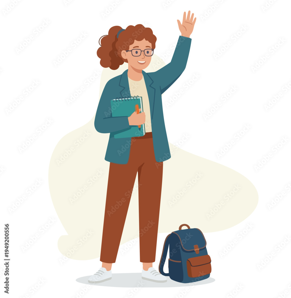 Obraz premium Vector illustration of a beautiful, slim student girl. a girl wearing a shirt, a off white vest, pants, a blue backpack on her shoulder, holding a book isolated on a white background