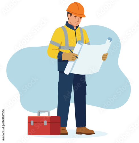 Construction engineer or architect supervisor male character holding project blueprint stock illustration