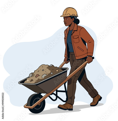 Workers struggling to push carts loaded with heavy earth and sand stock illustration
