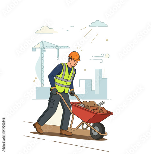 Construction Worker Pushing Wheelbarrow with Material stock illustration