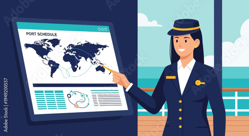 Woman in uniform pointing at a world map on a screen.