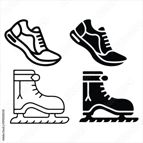 Vector illustration of a set of shoes and boots featuring leather sneakers and winter ice skates in a stylish fashion footwear design icon.