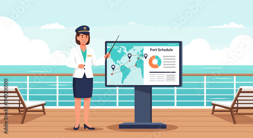 Woman in uniform presenting on a screen with world map.