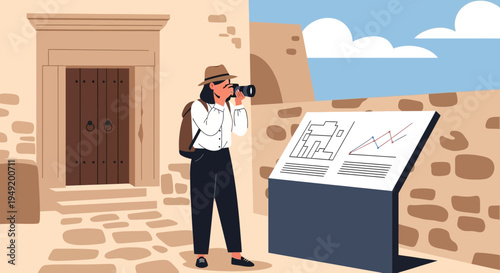 Woman tourist taking photos of historical information board.