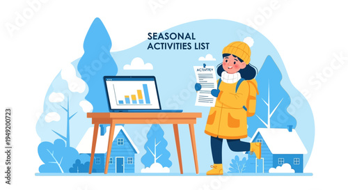Young girl in winter clothes holding seasonal activities list near laptop.