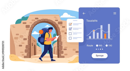 Young man with backpack planning trip using map and app.