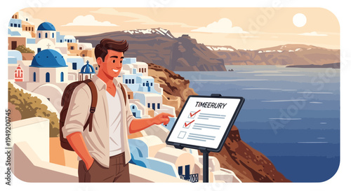 Young Man Backpacking and Checking Information Board.