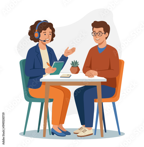 Young lady who is call center worker, discussing wih her collegue online help concepts. Description: stock illustration