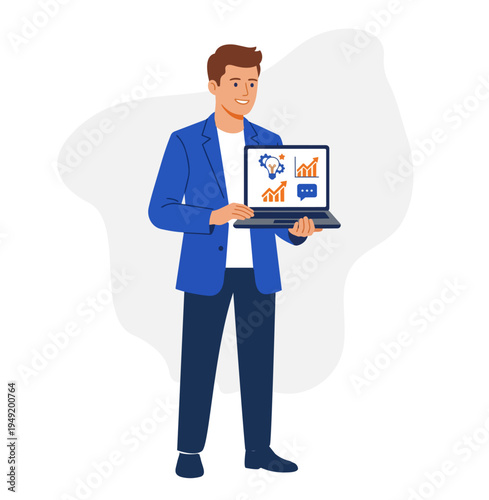 A young entrepreneur character dealing with stock market ups and downs. Profit- loss situations for the company, stock illustrations