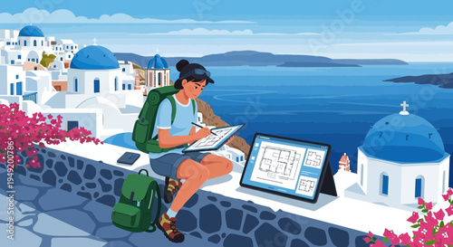 Young woman architect sketching building plans on tablet outdoors.