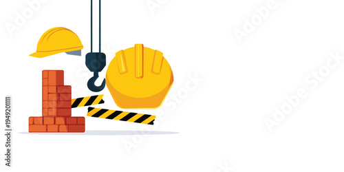 A set of 3D industrial construction tools and a yellow plastic safety helmet represent an under construction design concept featuring a hammer and protective equipment for a professional builder