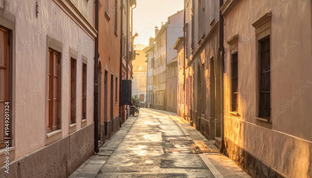 Obraz premium A sunlit European street framed by old buildings, perspective leading toward light