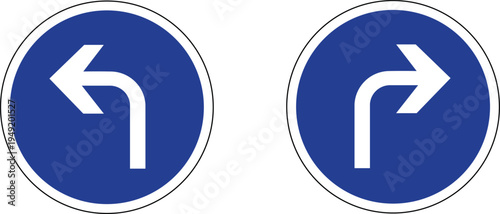 Turn Right and Left Ahead Bundle Mandatory Road Sign Vector | Blue Circular Traffic Symbol Transparent Background