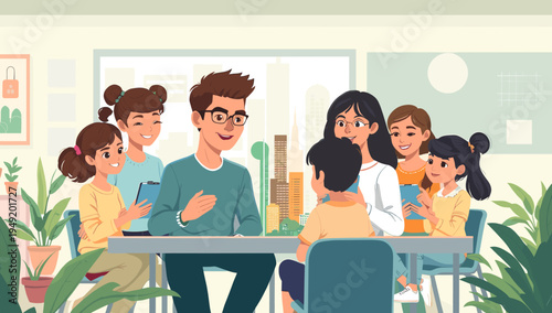 A warm illustration depicting a loving family moment, with a child happily using technology while connected with a parent. Ideal for illustrating fami