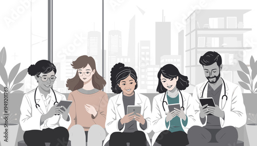 A friendly female doctor comfortably seated, reviewing information on her smartphone. Perfect for illustrating healthcare, technology, and modern well