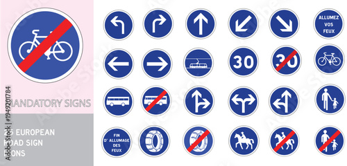 European Mandatory Road Sign Icon Set – 25 Blue Circle Traffic Safety Symbols, Editable Vector