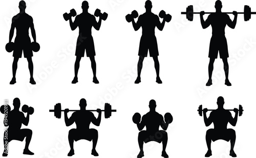 Black silhouette of man lifting dumbbells and barbells set isolated on white background for gym workout fitness and bodybuilding concepts