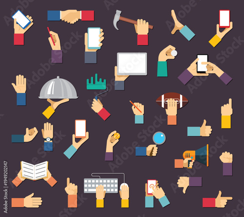 Hands with objects. Hands hold devices and tools. Hand and object, device tool hand, equipment hand