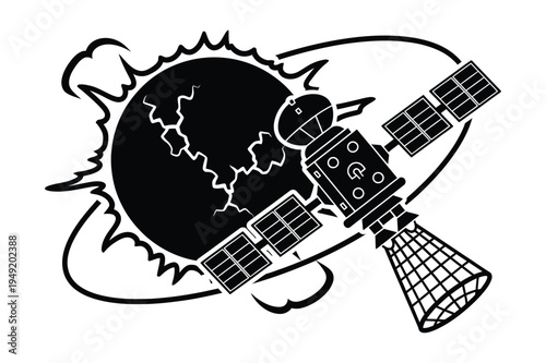 Satellite orbiting sun silhouette vector graphic science technology ic