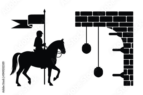 Medieval knight on horseback castle wall silhouette historical graphic