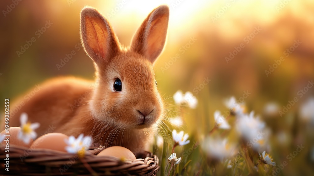 Fototapeta premium A fluffy rabbit sits beside eggs in a basket, surrounded by blooming flowers and warm sunlight