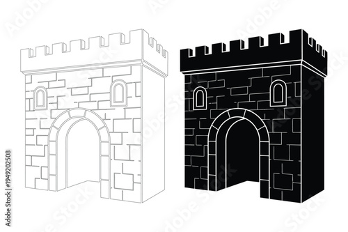 Tableau sur toile Castle gatehouse outline and silhouette vector