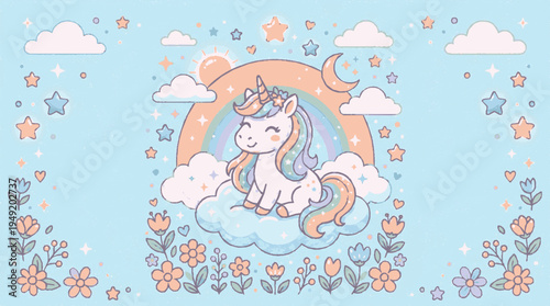 Cute rainbow unicorn sitting on fluffy white cloud surrounded by flowers stars and rainbow
