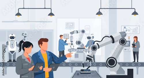 Robotic arm and people in a modern factory setting.