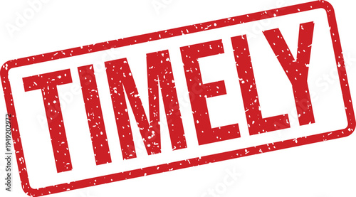 Isolated red rubber stamp featuring the prominent word TIMELY against a pristine white backdrop