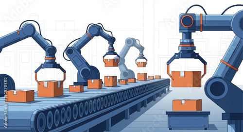 Automated Robotic Arms Working on a Conveyor Belt Assembly Line.