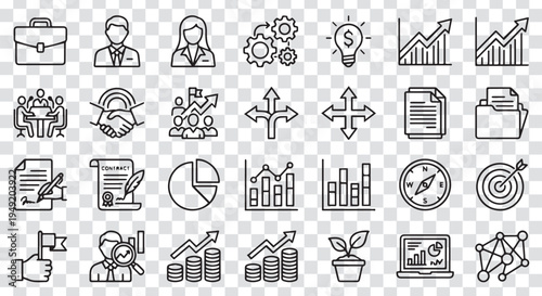 Business Strategy and Management Line Icons – Teamwork, Analytics, Target, Growth Outline Icon Set