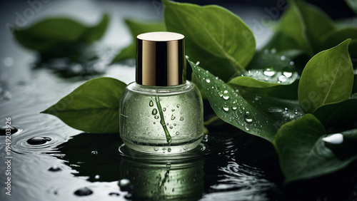 Glass perfume bottle with green liquid and gold cap on wet surface with green leaves in soft natural lighting for luxury beauty product