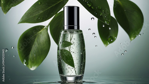 Glass perfume bottle with green leaves in refreshing natural lighting for skincare advertising